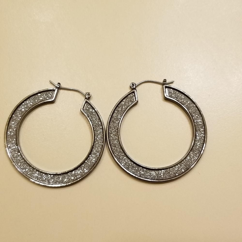 Silver Tone Glitter Hoop Earrings